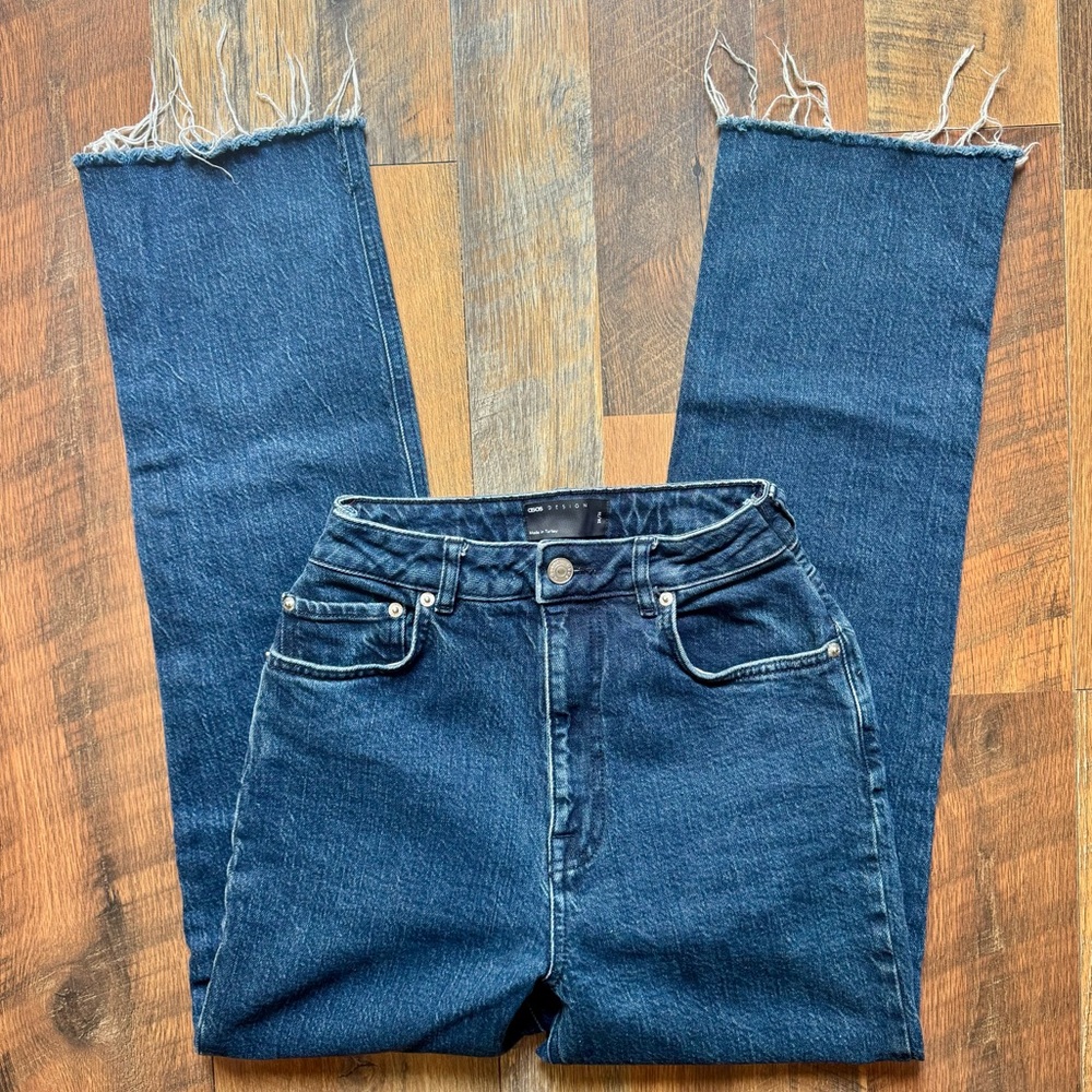 ASOS Frayed Hem High-Rise Straight Leg Jeans